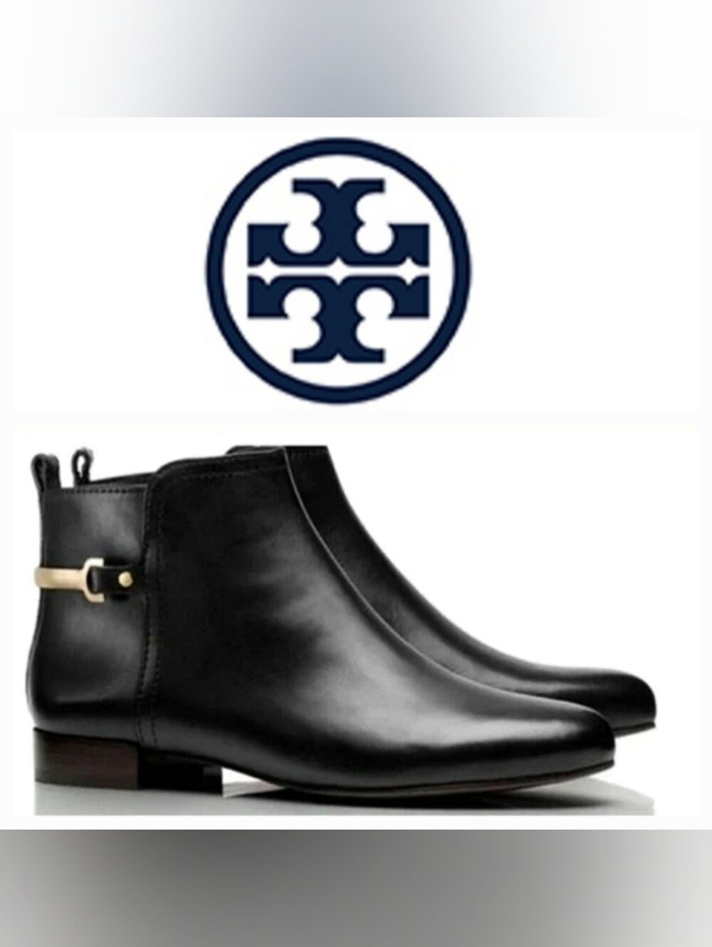 Tory Burch Jess Black Leather Ankle Boots Gold Strap Minimalist Sz 10